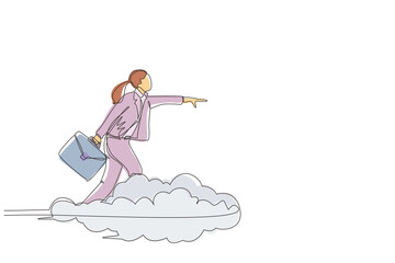 Poster - Continuous one line drawing businesswoman with briefcase and umbrella stand under rain cloud. Depression, passerby at rainy weather. Drenched woman, water pour from sky. Single line draw design vector