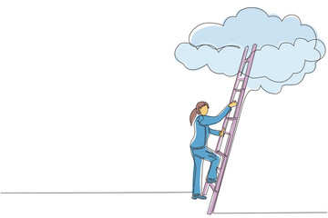 Poster - Single one line drawing businesswoman climbing up career ladder to cloud. Successful rising business development. Professional growth promotion. Continuous line draw design graphic vector illustration