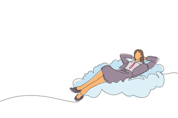 Poster - Single one line drawing relaxed and successful happy young businesswoman relaxing laying on clouds. Break, vacation, coffee time and relaxation. Continuous line draw design graphic vector illustration