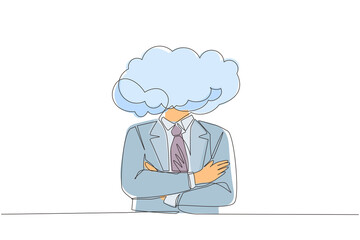 Poster - Single one line drawing cloud head businessman. Man with empty head and cloud instead. Distracted, daydreaming, absent and impractical concept. Continuous line draw design graphic vector illustration