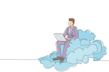 Poster - single one line drawing businessman riding high cloud holding telescope or binocular to search for b