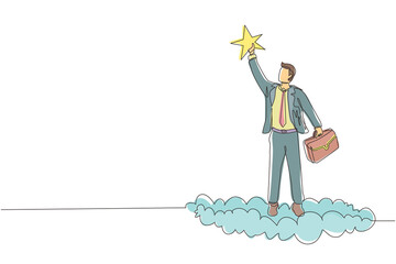 Poster - Continuous one line drawing success businessman reaching and grab precious star. Business champion succeed to get reward, winning star employee, career path, dream job. Single line draw design vector