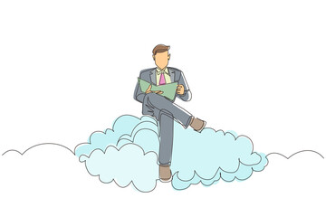 Poster - continuous one line drawing man sitting on cloud reading a book. businessman. teacher. lawyer. marke