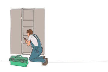Poster - Continuous one line drawing repair, maker or constructions of wood home furniture. Man carpenter is assembling of wardrobe or cabinet with shelves. Single line draw design vector graphic illustration