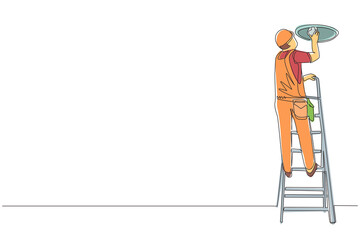 Poster - continuous one line drawing worker electrician on ladder change light bulb. professional repairman i