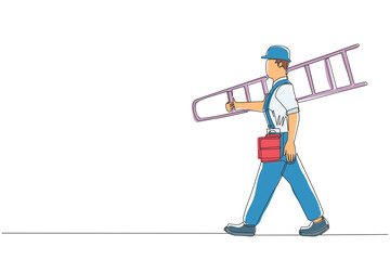 Poster - single continuous line drawing air conditioning repair. repairman technician man repairing air condi