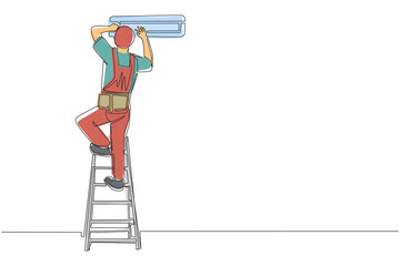 Wall Mural - Single continuous line drawing air conditioning repair. Repairman technician man repairing air conditioner. Air conditioning unit repair, maintenance professional service. One line draw design vector