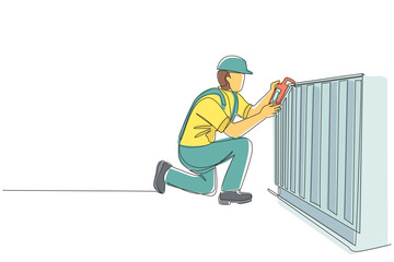 Poster - Single continuous line drawing Plumber repair and installation of batteries. Repairman fixing pipes in heater battery radiator. Repair, maintenance professional service. One line draw design vector