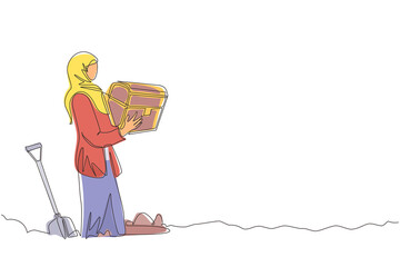 Poster - Single continuous line drawing Arab businesswoman with metal detector looking for pile of diamond. Woman treasure hunter with metal detector finding precious stone. One line draw graphic design vector