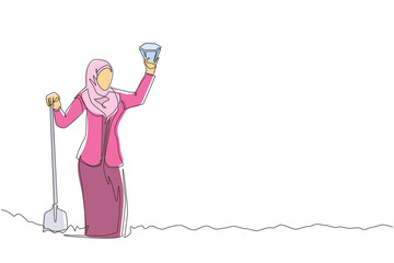 Poster - Single continuous line drawing Arab businesswoman with metal detector looking for pile of diamond. Woman treasure hunter with metal detector finding precious stone. One line draw graphic design vector