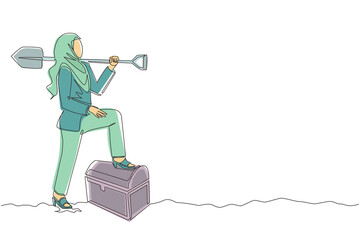 Poster - Single continuous line drawing Arab businesswoman with metal detector looking for pile of diamond. Woman treasure hunter with metal detector finding precious stone. One line draw graphic design vector