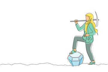 Poster - Single continuous line drawing Arab businesswoman with metal detector looking for pile of diamond. Woman treasure hunter with metal detector finding precious stone. One line draw graphic design vector