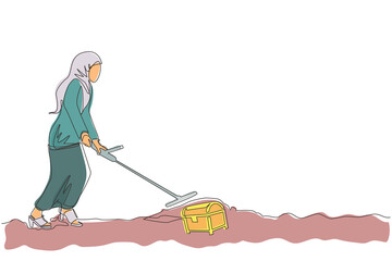 Poster - Single continuous line drawing Arab businesswoman with metal detector looking for pile of diamond. Woman treasure hunter with metal detector finding precious stone. One line draw graphic design vector