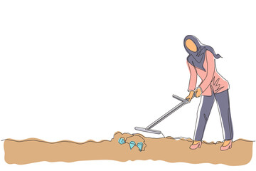 Poster - Single continuous line drawing Arab businesswoman with metal detector looking for pile of diamond. Woman treasure hunter with metal detector finding precious stone. One line draw graphic design vector