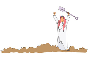 Poster - Single one line drawing happy Arab businessman standing and holding shovel on dug ground. Man with excited expression find treasures in dirt. Successful business. Continuous line design graphic vector