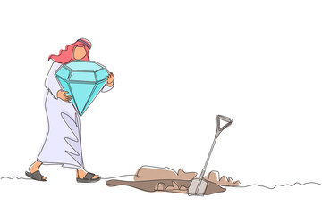 Poster - Single continuous line drawing Arab businessman walking unsteadily leaving hole dug dragging shovel. Man dig in tunnel trying to get to goal. He gave up and stopped trying. One line draw design vector
