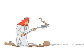 Poster - Single continuous line drawing Arab businessman digging in dirt using shovel. Man in suit dig ground with spade. Treasure digging, growth wealth concept lucky rich man. One line graphic design vector