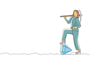 Poster - Single one line drawing businesswoman digging ground with pickaxe and finding big diamond. Success business, achievement, and discovery concept. Continuous line draw design graphic vector illustration