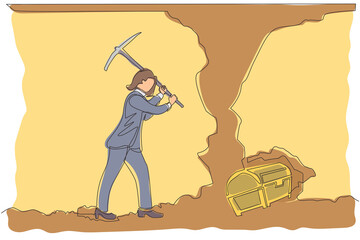 Poster - Single continuous line drawing businesswoman digging with pickaxe looking for hidden treasures. Woman digging and mining for treasure chest in underground tunnel. One line draw graphic design vector