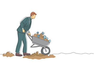 Poster - Continuous one line drawing happy businessman in suit pushing cart full of diamonds. Wheelbarrow with golds, jewelry, precious stone. Business, finance concept. Single line draw design vector graphic