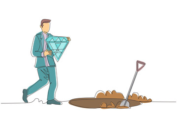 Poster - Continuous one line drawing businessman walking and holding big diamond. Happy man with precious stone. Successful business and finance concept. Single line draw design vector graphic illustration
