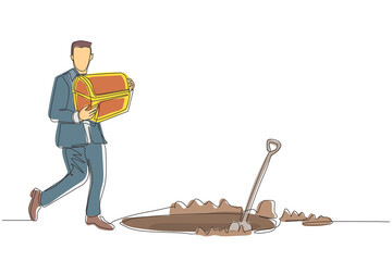 Poster - Single one line drawing businessman walking and holding treasure chest. Man with treasure box that contained many gold coins. Business metaphor. Continuous line draw design graphic vector illustration