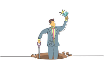 Poster - Single one line drawing happy businessman hold and find diamond from ground. Excited treasure seeker with precious stone in hand. Treasure gold hunting. Continuous line draw design vector illustration