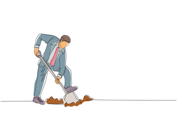 Poster - Single one line drawing businessman digging in dirt using shovel. Man in suit dig ground with spade. Business metaphor. Hard working process. Modern continuous line design graphic vector illustration