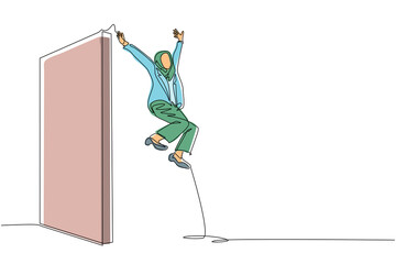 Poster - Single continuous line drawing Arab businesswoman managed to jump over wall. Woman jumps over the wall, outside comfort zone to get new experience, fun and excited. One line draw graphic design vector