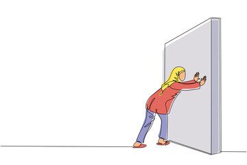 Poster - Single continuous line drawing Arab businesswoman pushing wall. Successful career and brainstorm, career growth and problem solution, smart idea, professional development. One line draw design vector