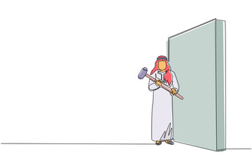 Poster - single continuous line drawing arabic businessman standing and holding big hammer while facing wall.