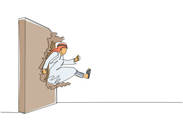 Poster - continuous one line drawing arabian businessman run and breaking through brick wall. leadership conc