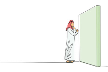 Poster - Single continuous line drawing Arabian businessman thinking in front of big obstacle or wall. Abstract representing risk management. Finding solution and problem solving. One line draw design vector