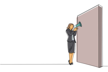 Poster - Continuous one line drawing businesswoman holding megaphone standing in front of wall. Woman shouts on megaphone. Leader announces career promotion. Single line draw design vector graphic illustration