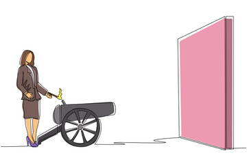 Poster - single continuous line drawing businesswoman ignites cannon in front of wall and want to destroy. st