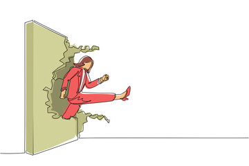 Poster - Single one line drawing businesswoman run and breaking through brick wall. Leadership concept. Business concept of obstacle and solution. Modern continuous line draw design graphic vector illustration