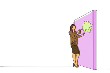 Poster - Single one line drawing businesswoman is painting profit graph on the wall. Business and success metaphor concept. Allegory of career growth. Continuous line draw design graphic vector illustration