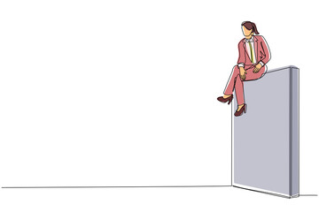 Poster - Single one line drawing businesswoman sad sitting on wall thinking of profit loss, crisis and financial losses in the trading market. Evaluation business concept. Continuous line draw design vector