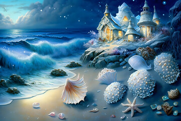 Wall Mural - Fantasy night seascape with magic seashells. Neural network AI generated art