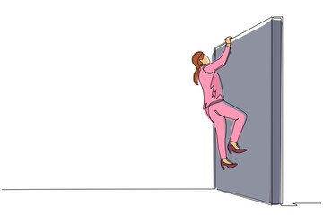 Poster - continuous one line drawing businesswoman climb obstacle wall, solve the problem. business concept, 