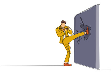 Poster - Single continuous line drawing businessman doing kung fu or karate kick to destroy the brick wall. Business concept of obstacle and solution. Obstruction ruined with force. One line draw design vector