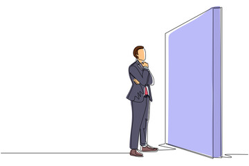 Poster - single one line drawing businessman thinking in front of big obstacle or wall. abstract representing