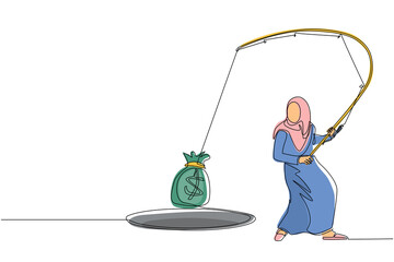 Poster - single continuous line drawing arabian businesswoman holding fishing rod got big money bag from hole