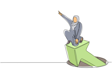 Poster - continuous one line drawing arabian businesswoman standing on arrows coming out of holes. woman lead