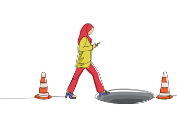 Poster - Single one line drawing Arabic businesswoman character going on street watching by smart phone, did not see open manhole. Woman walks to business trap. Continuous line draw design vector illustration