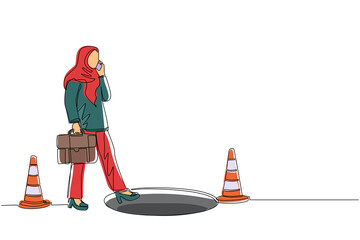 Poster - Single continuous line drawing Arab businesswoman talking on cell phone and she does not see the hole in front. Woman walks to business trap. Metaphor. One line draw graphic design vector illustration