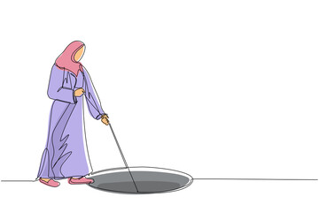 Poster - Continuous one line drawing Arab businesswoman stretch out rope into hole. Woman wondering, looking at big hole, business concept in opportunity, exploration, challenge. Single line draw design vector