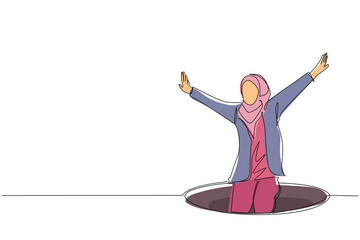 Poster - Single continuous line drawing Arabian businesswoman fell into manhole underground sewer. Woman fell sewer hatch. Depressed and business failure concept. Metaphor. Defeat. One line draw design vector