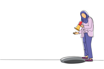 Poster - single one line drawing arabian businesswoman scream into pit hole with megaphone. woman looking at 
