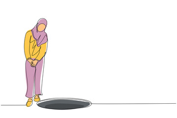 Aufkleber - single continuous line drawing arabian businesswoman looking at black hole. woman wondering and look